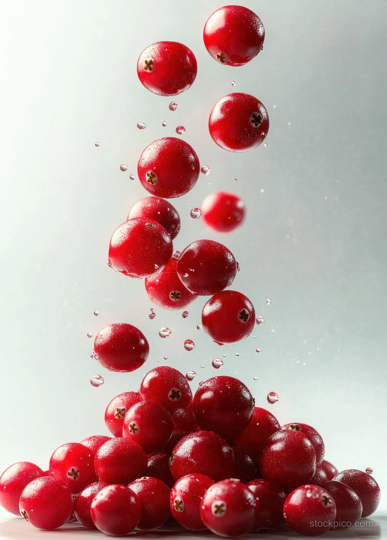 Red cranberries burst into clear water with bubbles rising on a pale background.