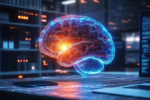 Glowing holographic brain hovering over high-tech desk with neural network lines and UI screens