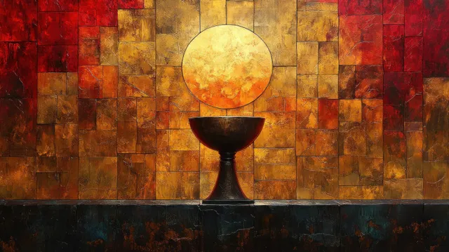 A Eucharist chalice centered on a geometric mosaic wall with a radiant golden circle above.