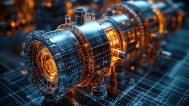 Wireframe industrial valve cluster on blueprint grid with glowing metallic ambient light