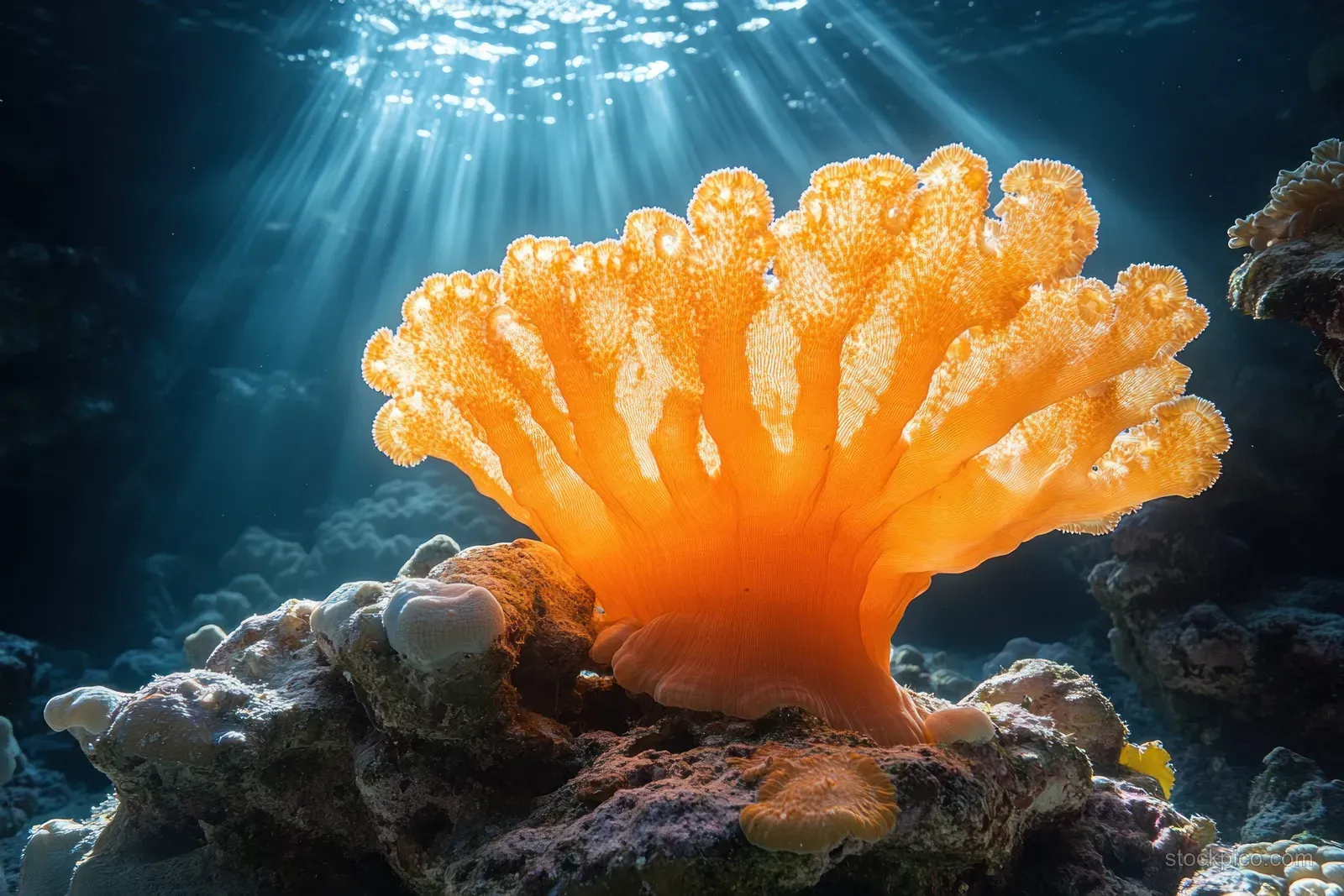 Giant orange fan coral stands on a rocky reef as sunbeams stream down through clear tropical water.