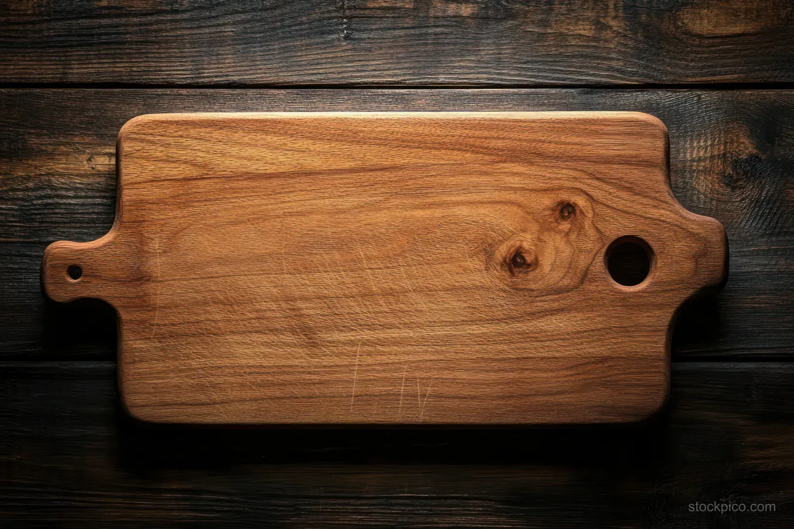 Cherry wood cutting board centered on a dark wooden table with soft diffused lighting and visible grain.