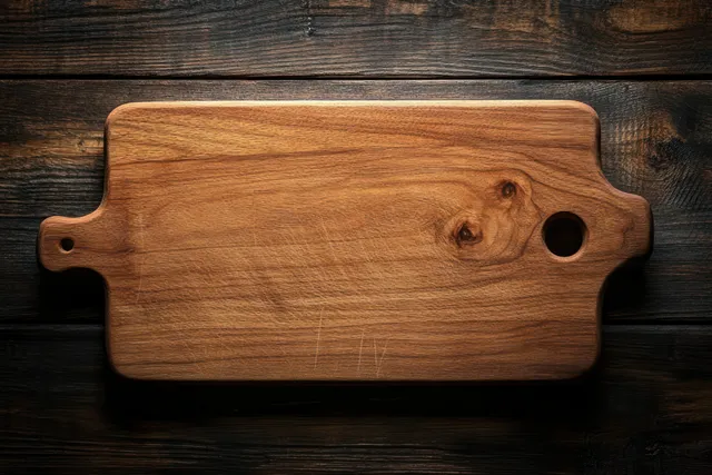 Cherry wood cutting board centered on a dark wooden table with soft diffused lighting and visible grain.
