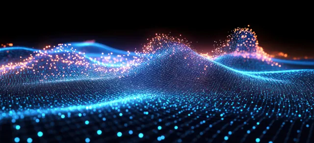 Glowing blue energy waves ripple through a particle field, forming interference patterns over a dark grid.