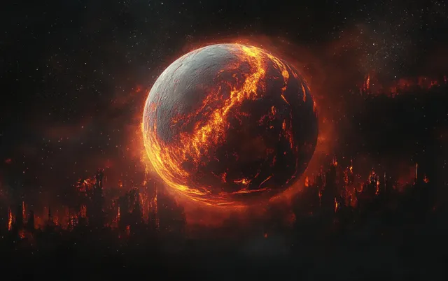 A burning Earth-like planet glows with molten lava cracks surrounded by dark debris in space.