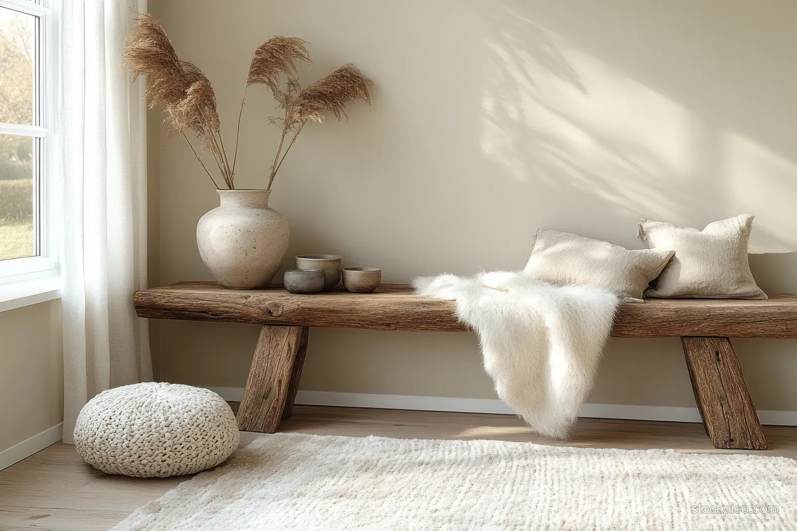 Rustic console table in a living room decorated with winter accents, vintage skis, snowflake ornaments, and warm candle light.