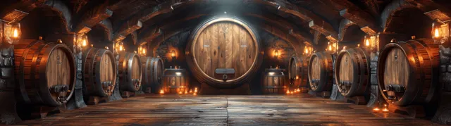 Explorers walk through a candlelit underground beer cellar lined with wooden barrels and glowing amber taps.