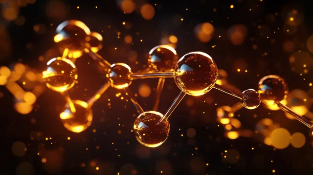 Interconnected glowing golden spheres and rods form a molecular structure floating over a dark backdrop with light particles.