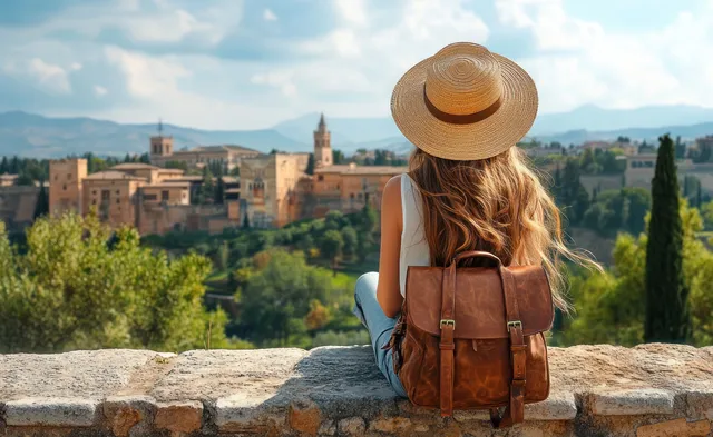 Back view woman in straw hat with backpack sitting on stone wall overlooking historic town