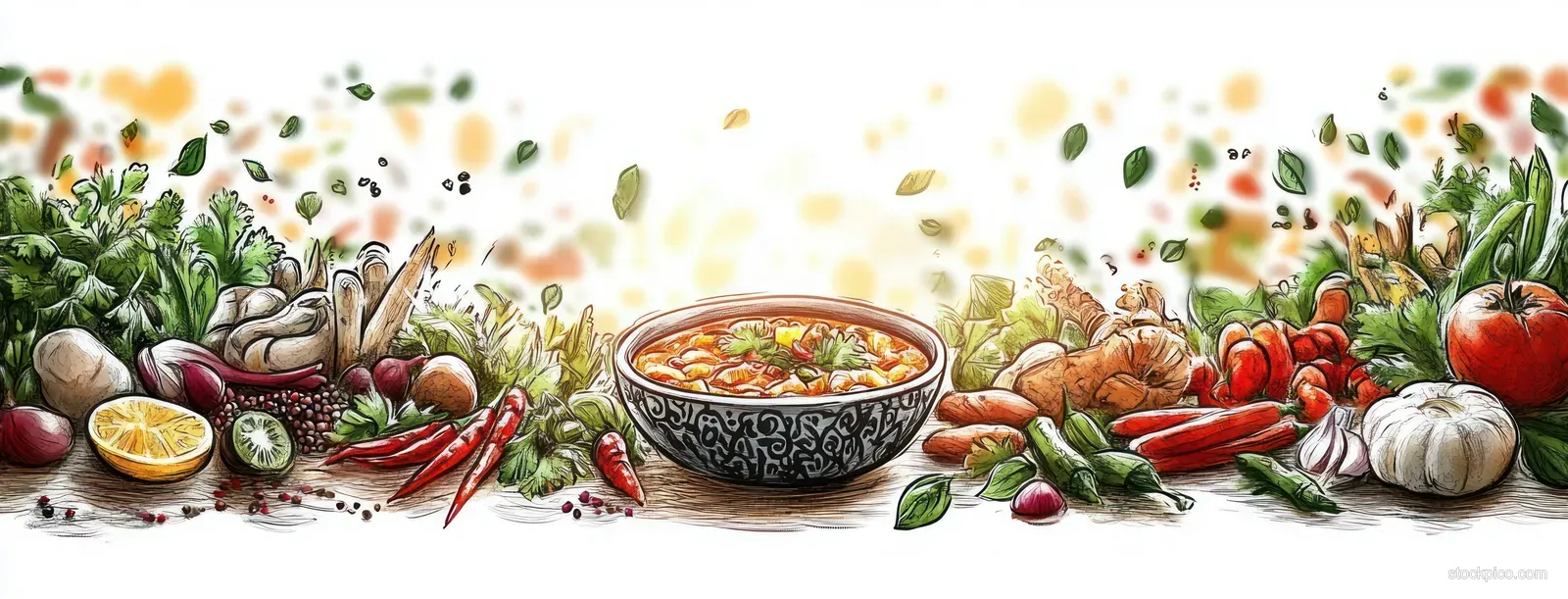 Watercolor illustration of a tom yum bowl surrounded by Thai herbs, chilies, garlic, tomatoes, and other fresh ingredients.