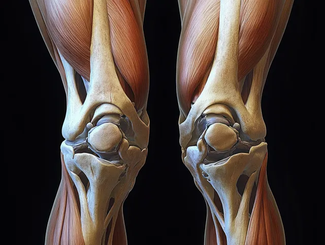 Symmetrical anatomical illustration of both knees showing femur and tibia with cartilage, meniscus, tendons, and ligaments on a dark background.