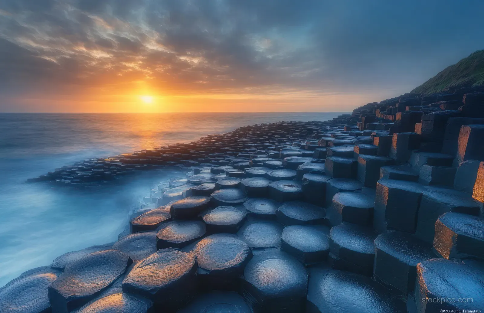 Hexagonal basalt rock columns line a misty coastline at sunset with ocean waves and dramatic cloudy sky.
