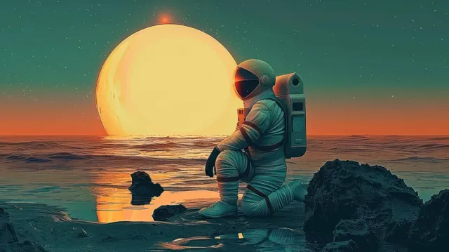 Astronaut kneels by alien ocean rocks during sunset, glowing sun and starry sky behind