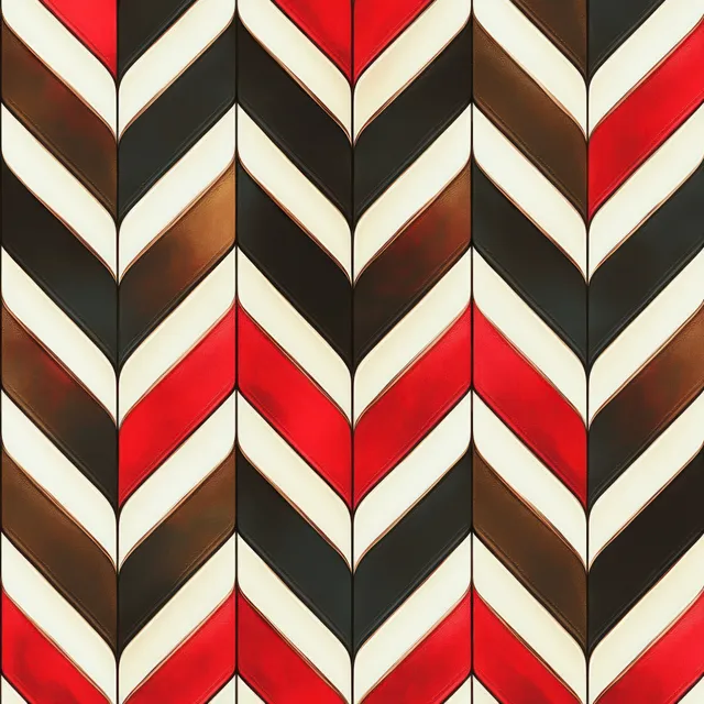 Close-up of a symmetrical chevron tile pattern with red, white, brown, and black zigzag lines.