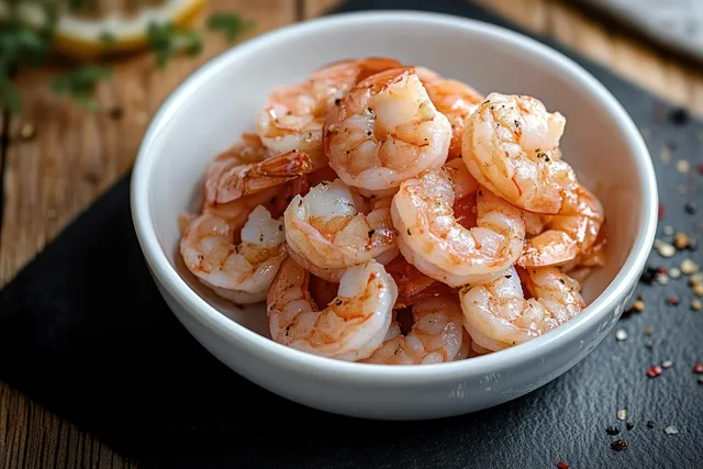A white bowl of peeled cooked shrimp on dark slate with peppercorns scattered beside it.