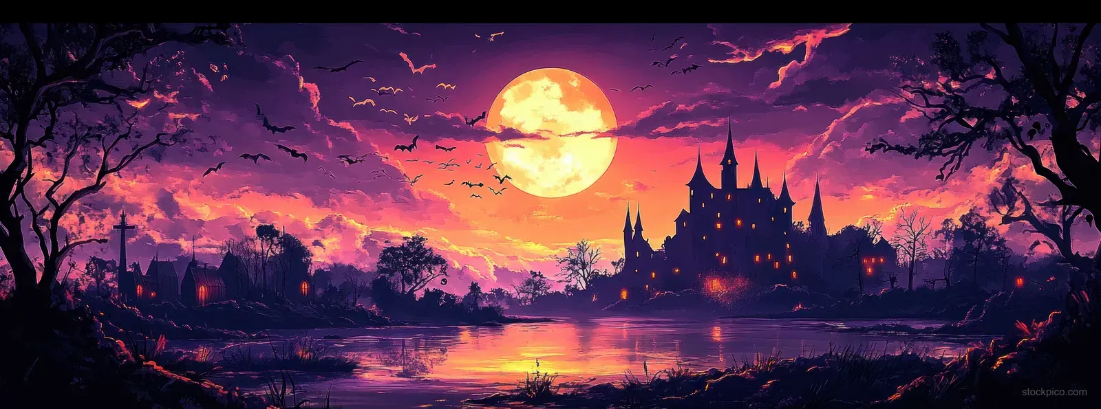 A haunted castle on a dark horizon with a full moon, flying bats, and silhouetted trees reflecting in a misty lake.