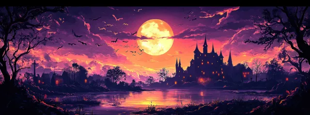 Haunted castle at dusk with full moon, bats, and eerie silhouetted trees over misty lake