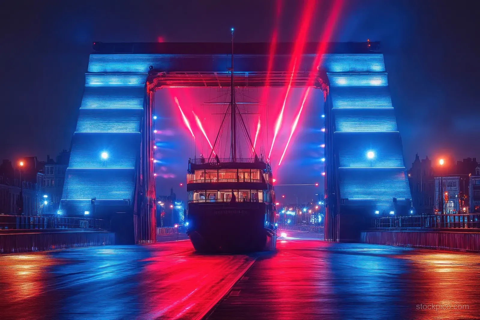 A cargo ship passes under a raised drawbridge at night with red and blue lights reflecting on wet surfaces.