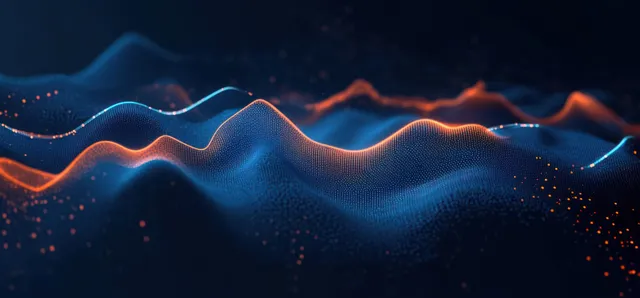Glowing blue and orange dots and connected lines ripple like data waves across a dark abstract background.