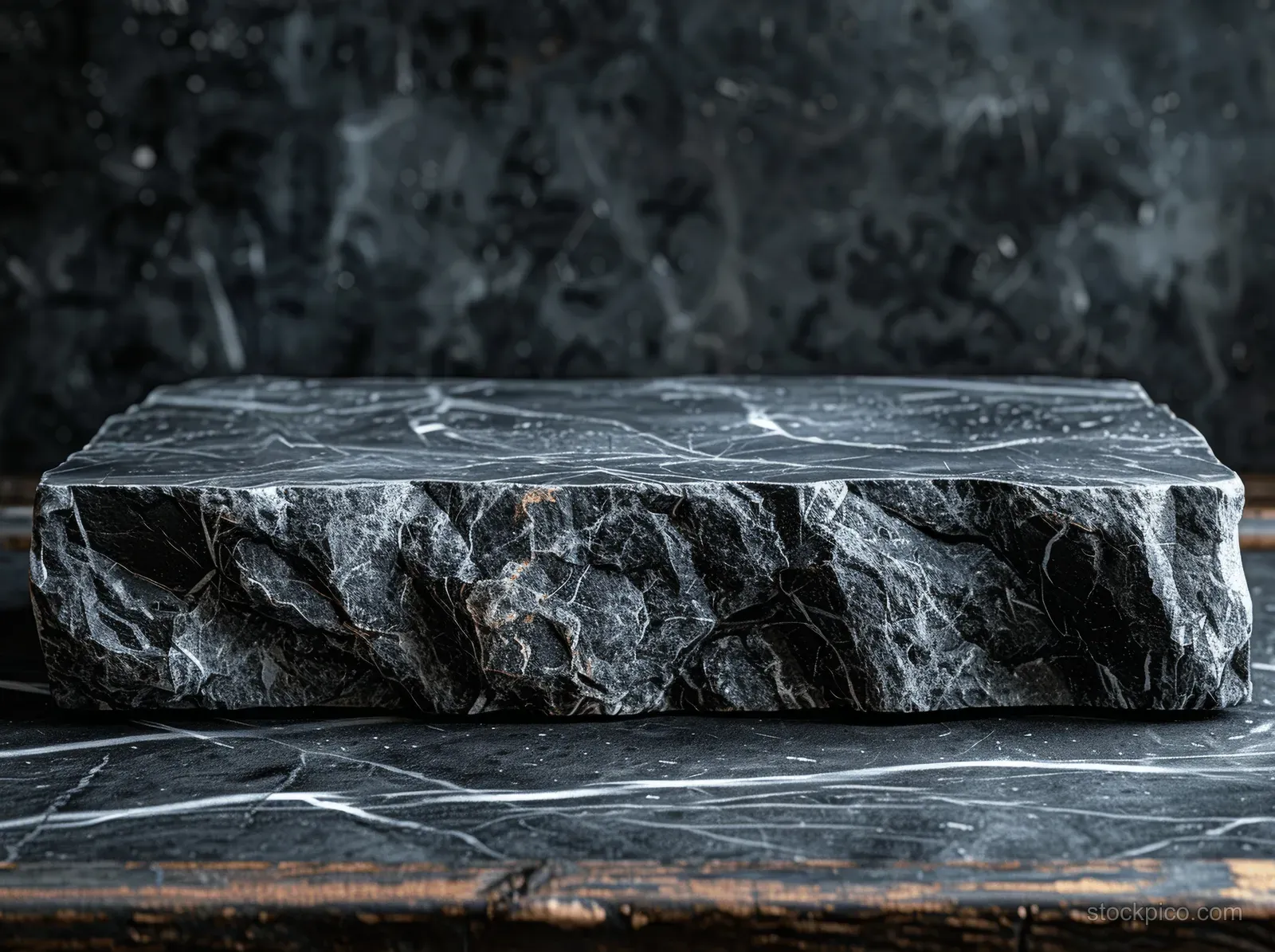 Black marble tabletop with a dark stone block set on a textured base against a smoky dark background.