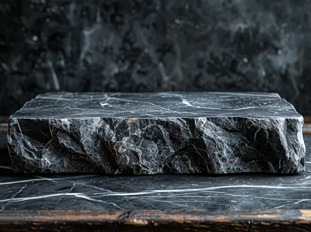 Black marble tabletop with a dark stone block set on a textured base against a smoky dark background.