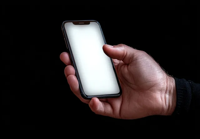Hand holding a smartphone with blank white screen against a dark studio backdrop