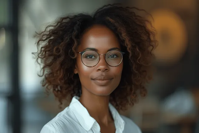 A middle-aged Black businesswoman looks toward the camera in a softly lit office with a blurred background.