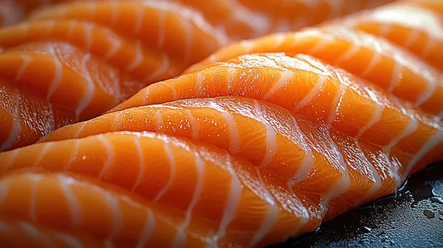 Close-up of raw orange salmon slices with visible muscle texture and thin fat lines.