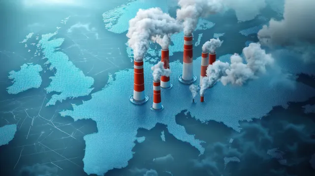Smokestacks emit smoke over a blue Europe map, suggesting CO2 emissions and climate impact.