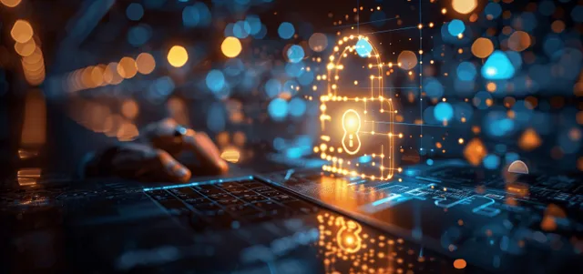 Businessman Using Laptop Beside Glowing Lock for Digital Data Security