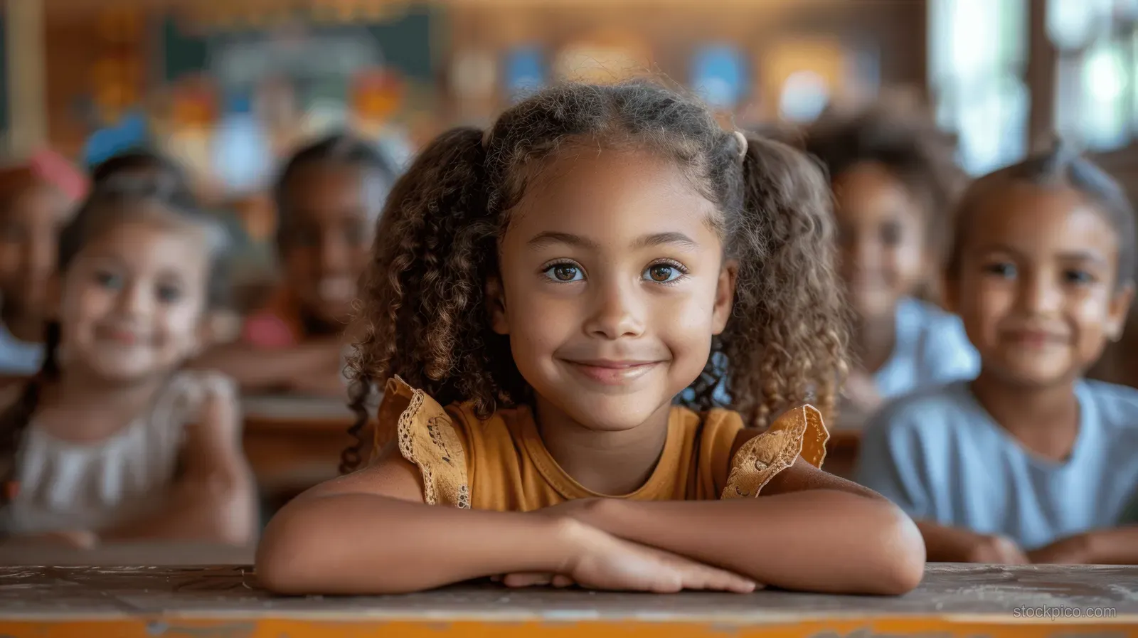 Diverse elementary students sit at desks in a classroom while studying with books and papers.