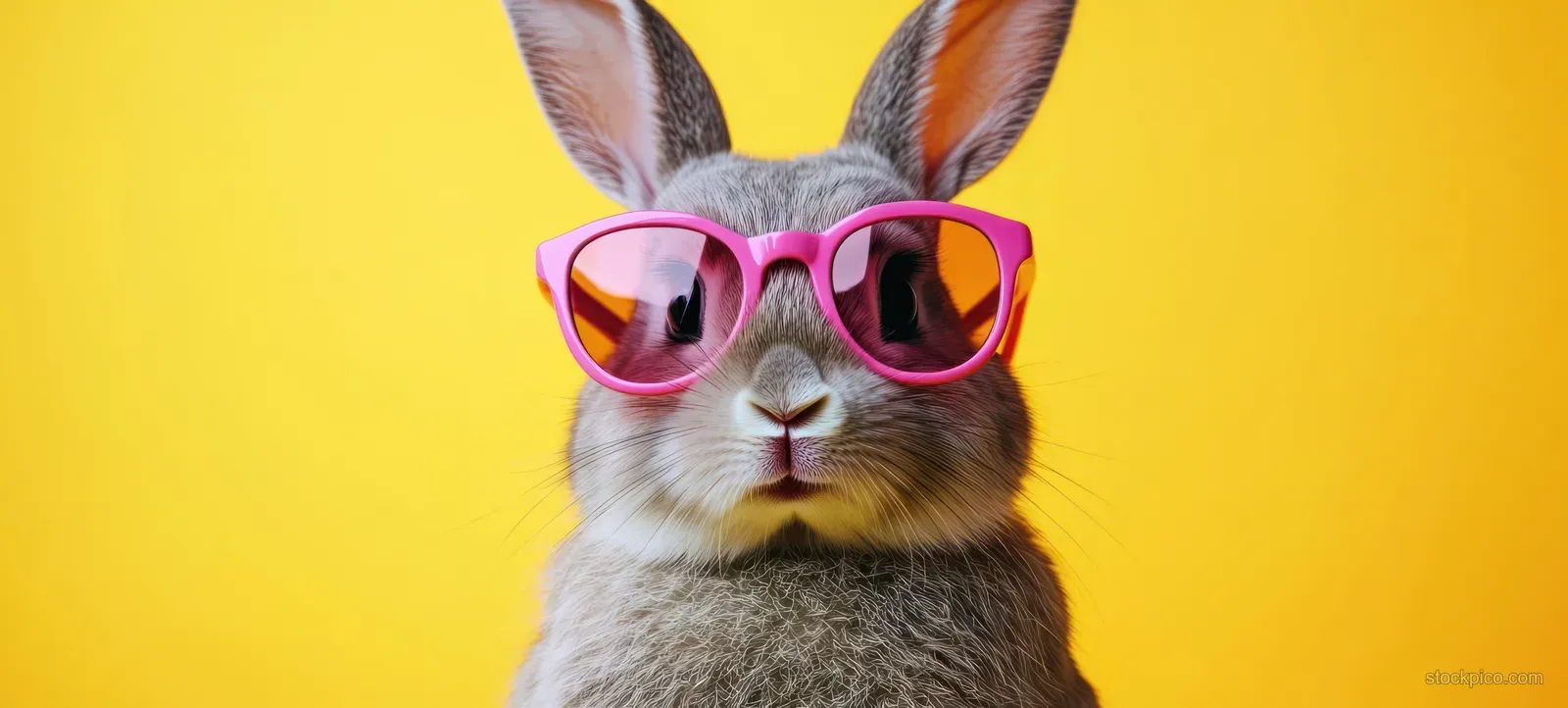 Fluffy Easter bunny wearing bright pink sunglasses against a solid yellow background.
