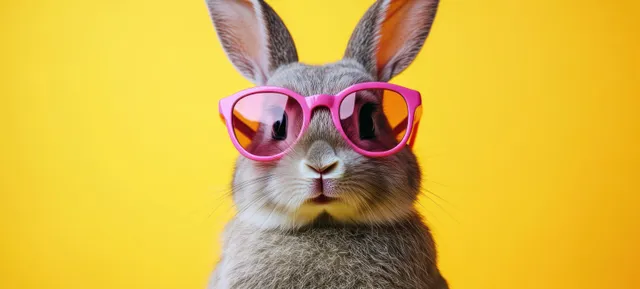 Easter bunny rabbit wearing pink sunglasses on a bright yellow backdrop