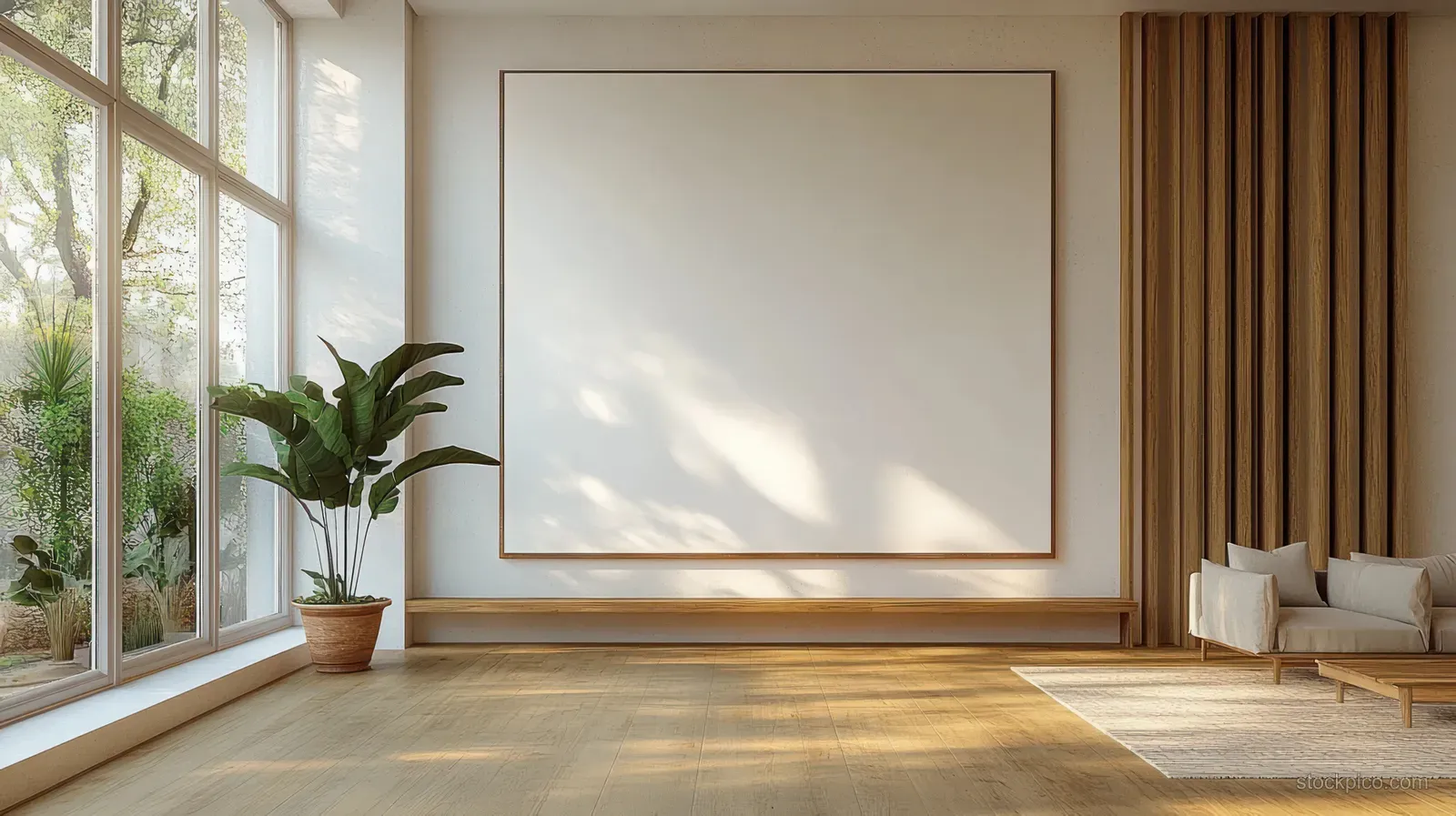 Sunlit minimalist living room shows a blank framed artwork on the wall and a terracotta potted plant near tall windows.