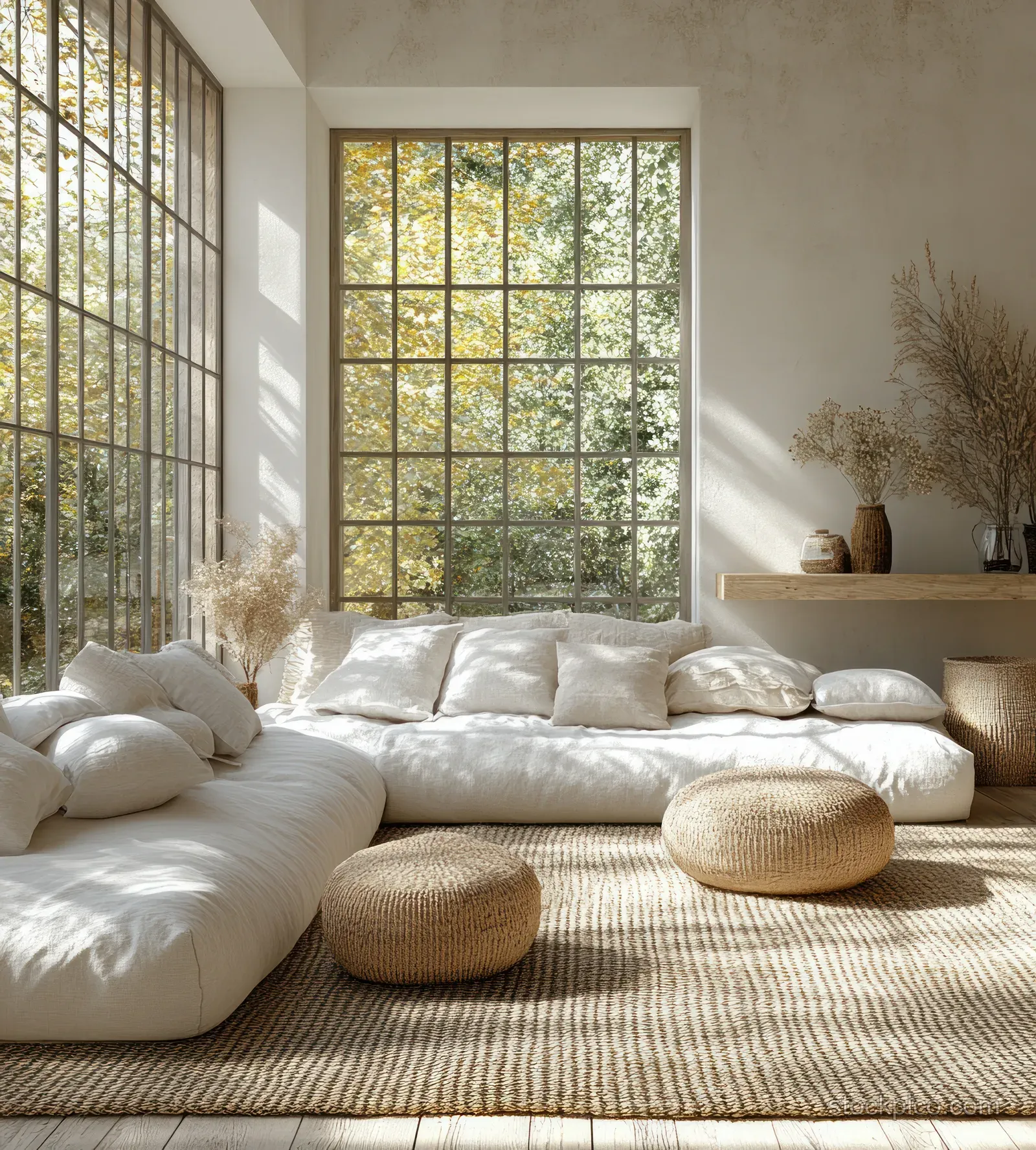 Scandinavian children’s bedroom with low bed, pillows, sunlit window, and woven rugs in neutral tones.