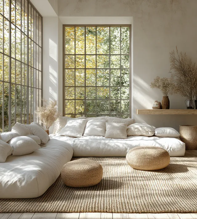 Scandinavian children’s bedroom with low bed, pillows, sunlit window, and woven rugs in neutral tones.