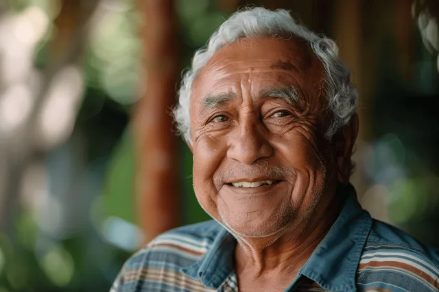 Smiling elderly man with curly white hair in a striped shirt outdoors with a softly blurred background.