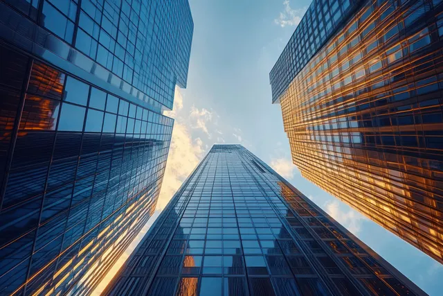 Upward view between glass skyscrapers reflecting blue sky and golden sunset lights.