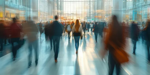 Blurred college students walking through a bright indoor corridor with window light streaming