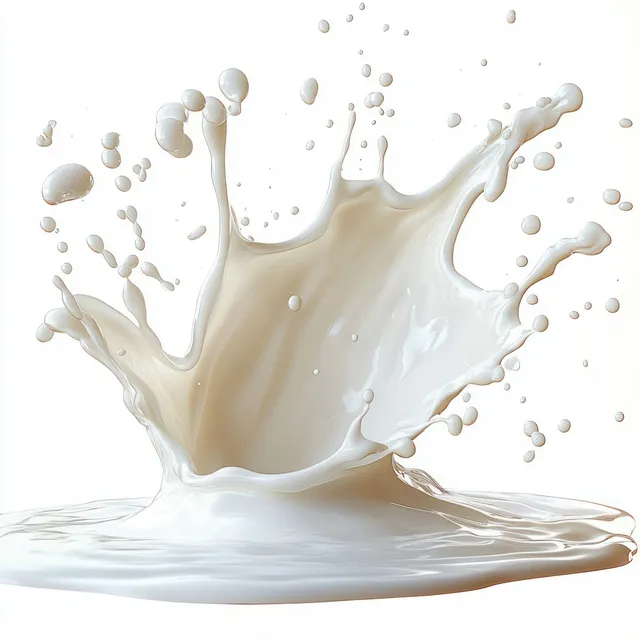 Creamy white liquid splash frozen midair with scattered droplets and smooth curved wave on a white background.