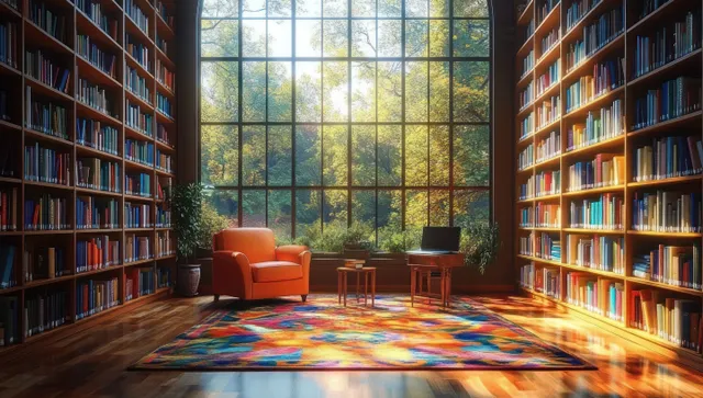 Sunlit library interior with bookshelves, orange armchairs, colorful rug, laptop, and a large window showing green trees.