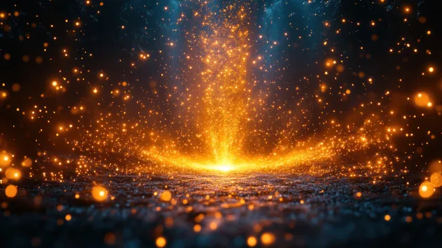Golden fireworks burst upward with glowing sparks over a dark confetti background.