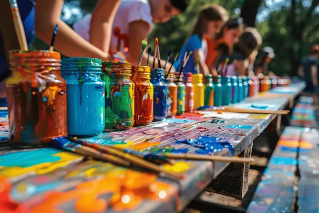 Children paint at an outdoor summer camp table with colorful paint jars and brushes lined up.