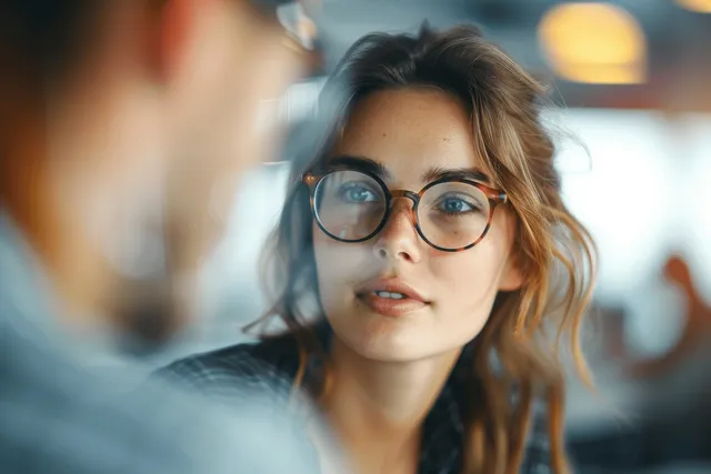 A young woman leads a team discussion at a conference table in a bright office with soft window light.