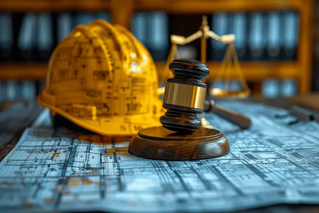 Safety helmet resting on architectural blueprint with gavel on legal contract papers
