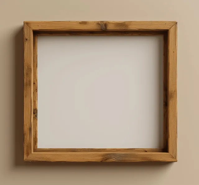 An empty square wooden frame mockup is mounted on a beige wall with soft indoor lighting and a blank center.