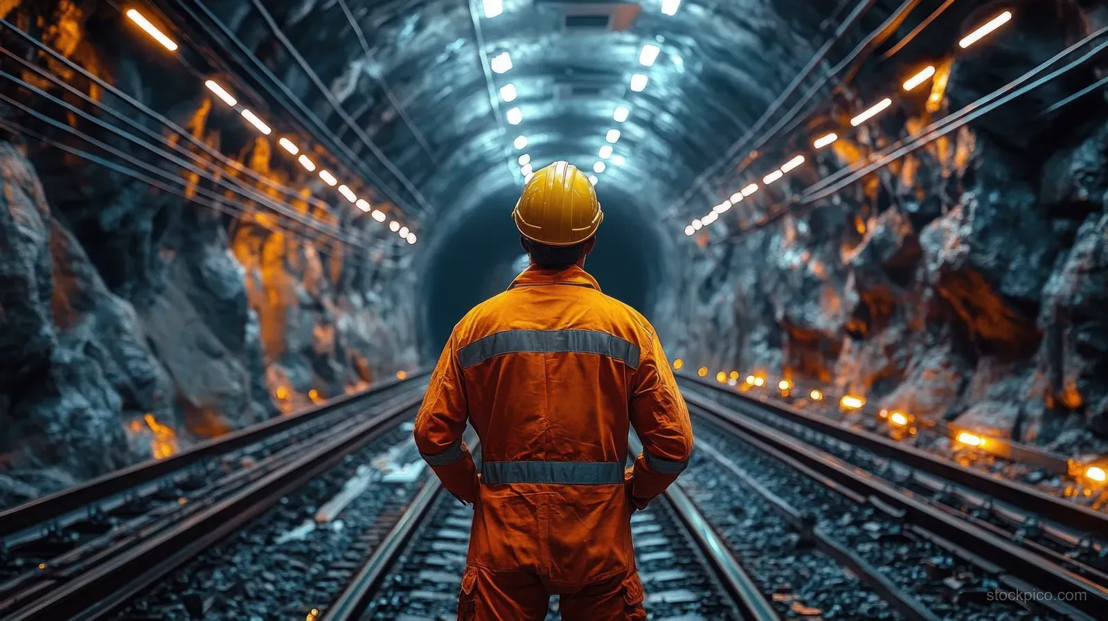 An orange-suited safety worker with a yellow helmet stands on railway tracks inside a dark rocky tunnel under symmetrical lights.