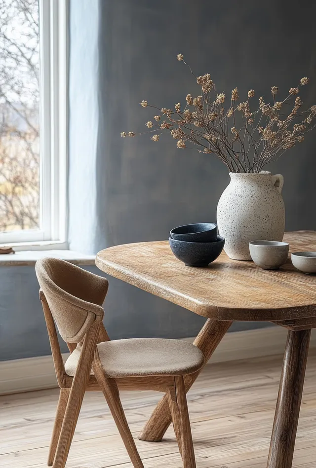 Wooden dining table with minimalist chairs and dried flowers in vases beside a bright window.