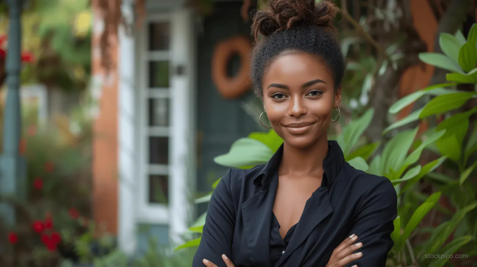 A smiling African American woman real estate agent poses with arms crossed outside a modern home surrounded by greenery.