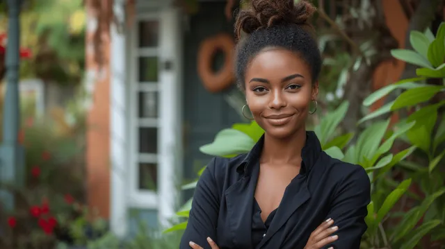 Smiling African American real estate agent posing with arms crossed near modern home